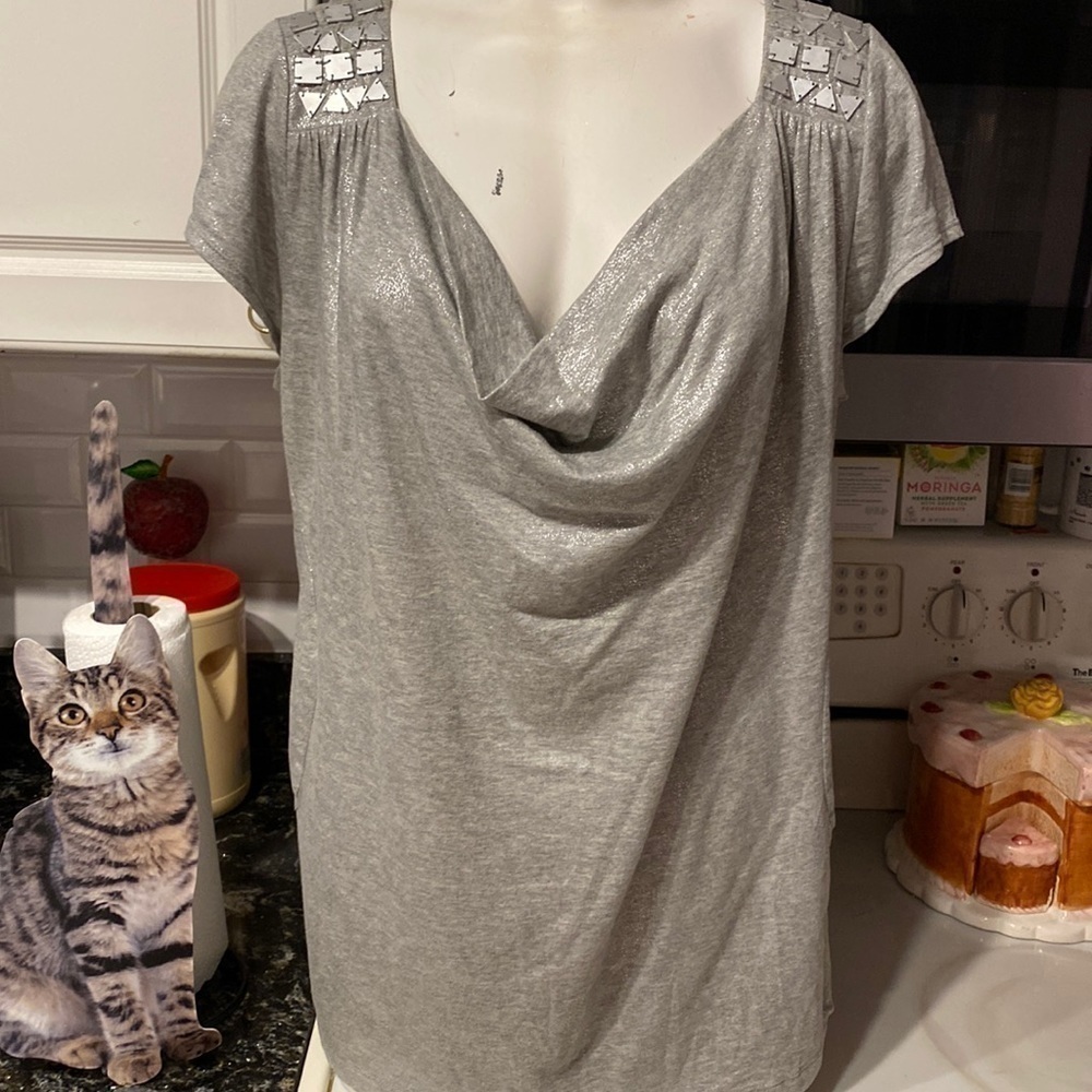 a womens DKNY silver cap sleeve stretch regular size top XL